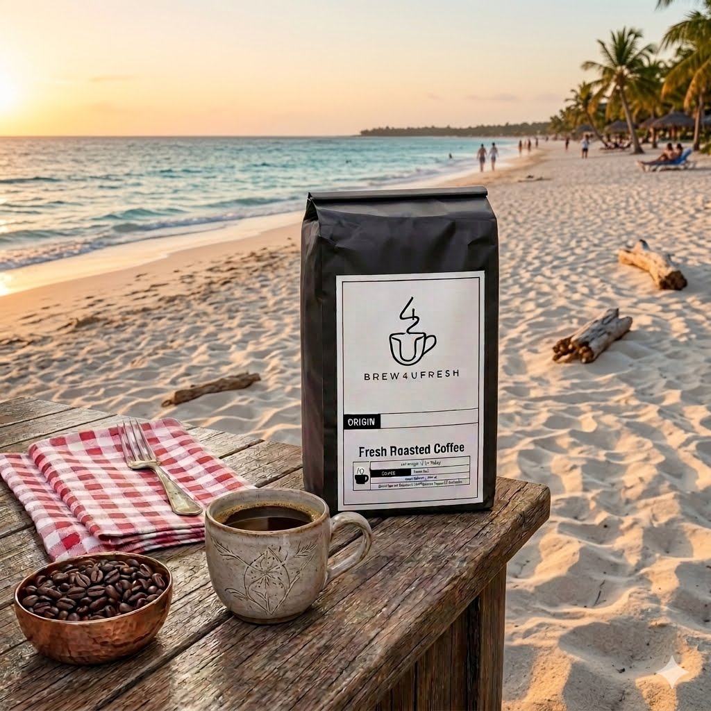 Black bag labeled Brew4UFresh Fresh Roasted Coffee beside a steaming cup on a wood table, with coffee beans in a bowl and a beach backdrop.