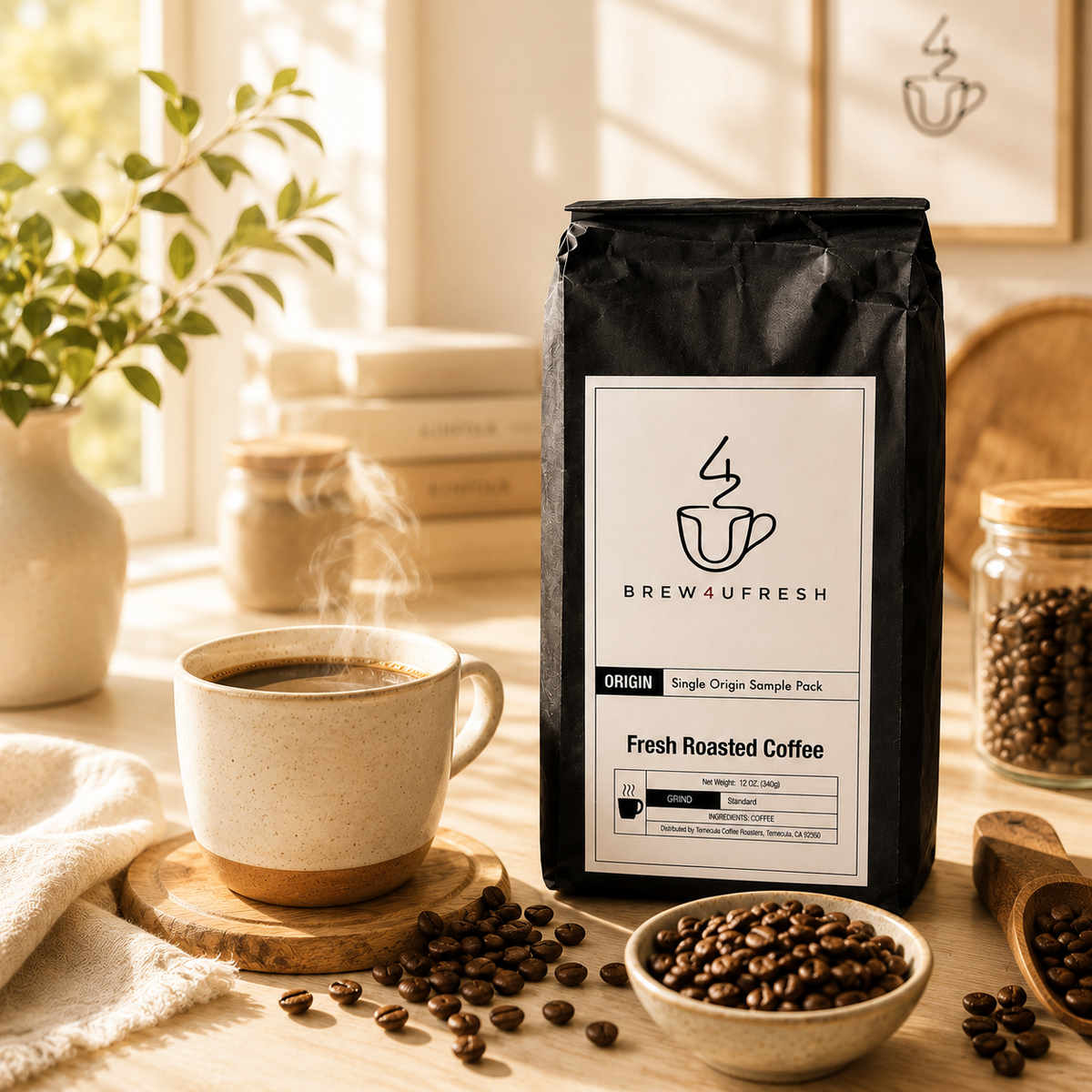 Medium roast coffee bag with a black label beside a steaming cup of coffee. Whole coffee beans scattered on a wooden tray.