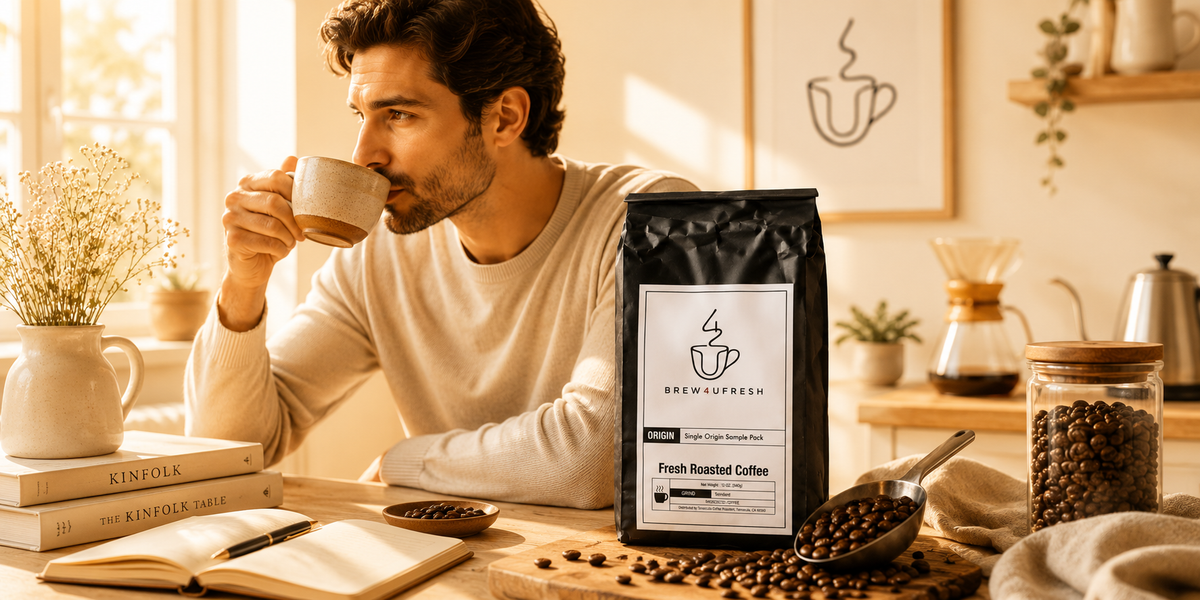 Medium roast coffee bag with Fresh Roasted Coffee label, beside a man sipping coffee in a cozy setting with books.