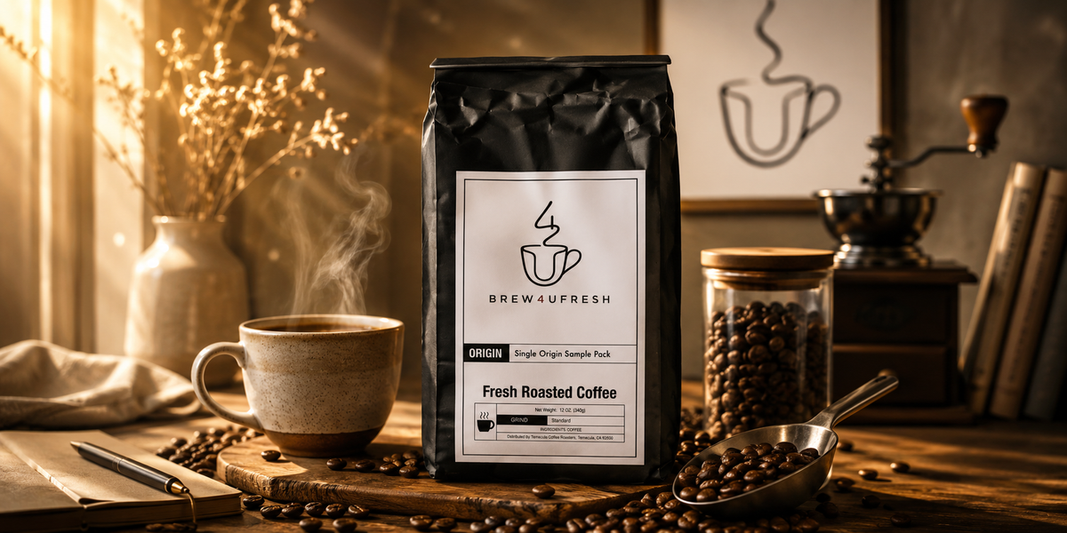 Black bag of Guatemalan Bourbon Barrel Aged Coffee next to a steaming mug on a wooden surface, with scattered coffee beans.