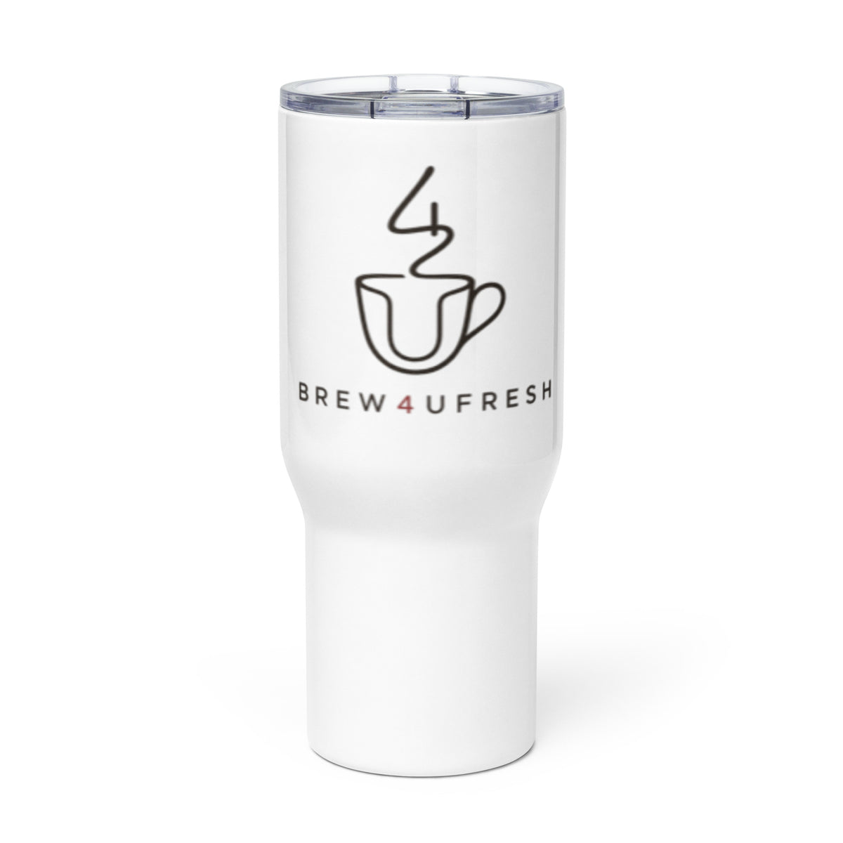 White travel mug featuring the Brew4UFresh logo in black and red, designed for on-the-go coffee enjoyment.