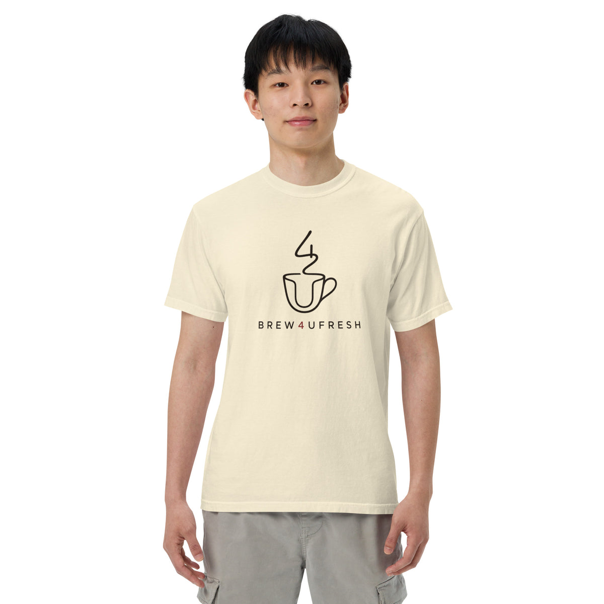 Cream-colored heavyweight tee made of 100% ring-spun cotton, featuring a black Brew4UFresh coffee mug graphic on the front.