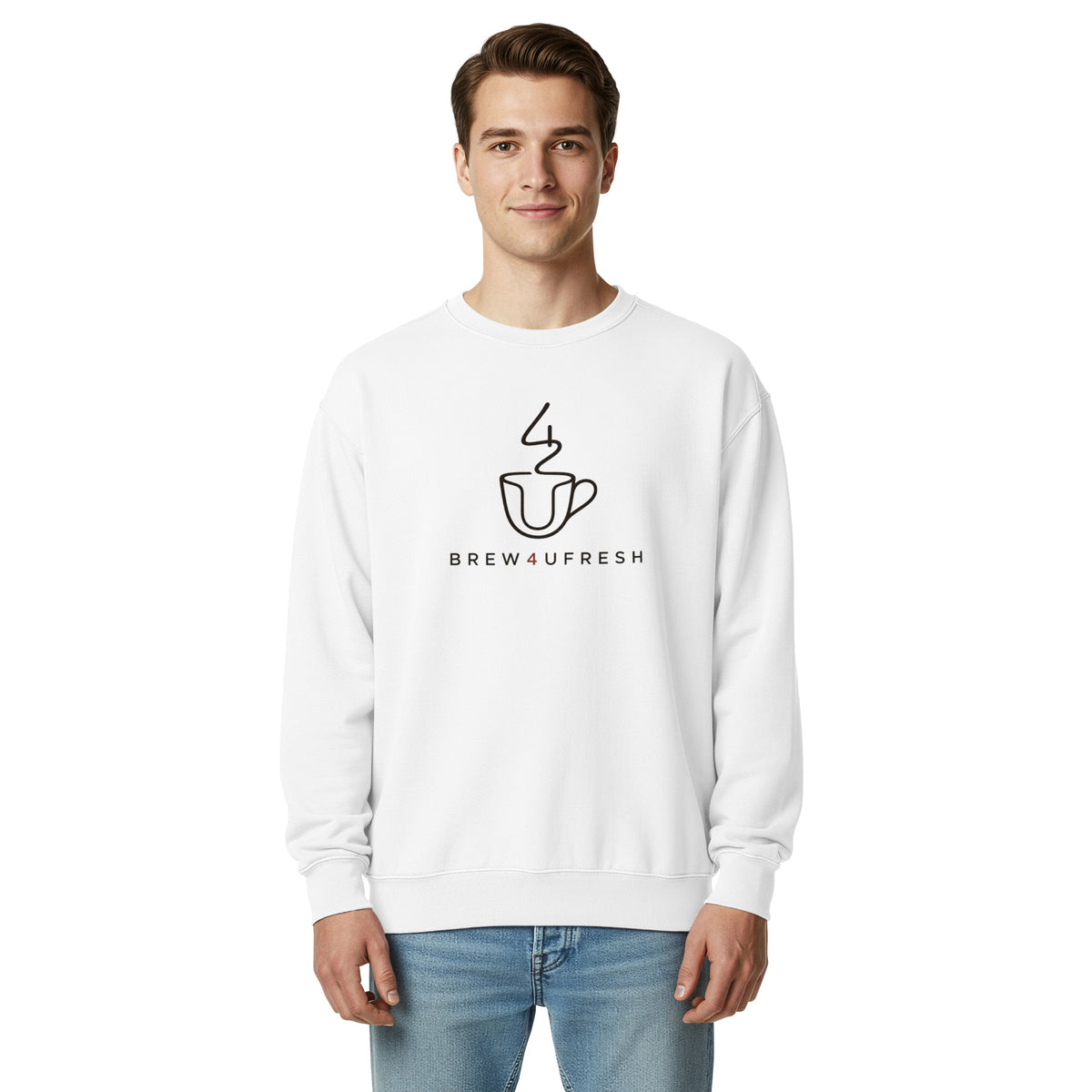 White sweatshirt featuring a black outline of a coffee cup and the text BREW4UFRESH, worn by a smiling male model.