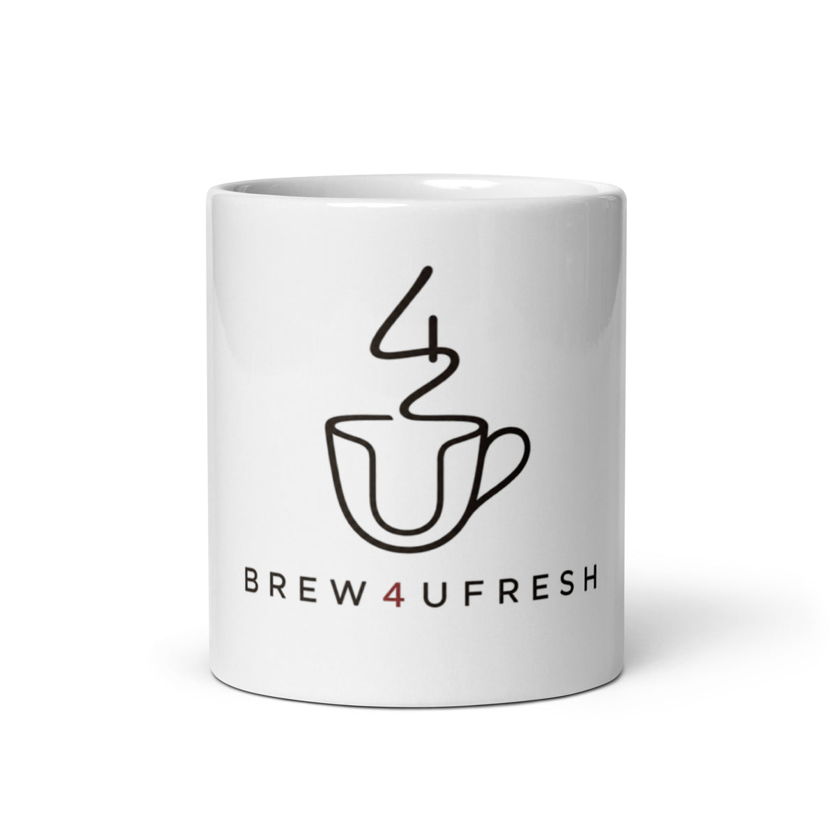 White ceramic mug featuring a minimalist design with the text BREW4UFRESH and a cup graphic.