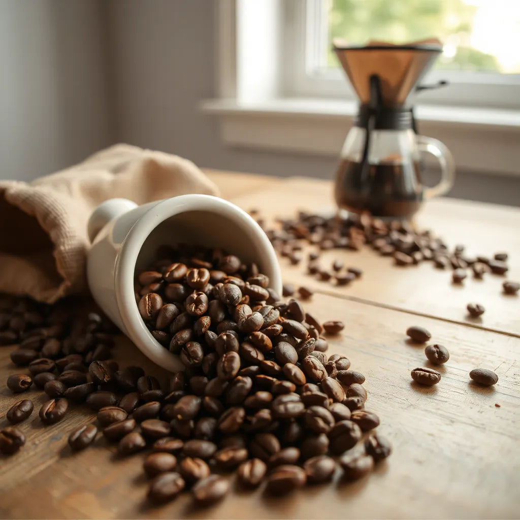 Freshly roasted coffee beans spilling from a ceramic bowl onto a wooden table with soft pour-over in background