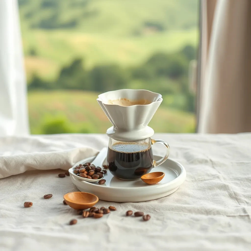 Pour-over single origin coffee beside tasting spoon and whole beans with a soft coffee farm background blur