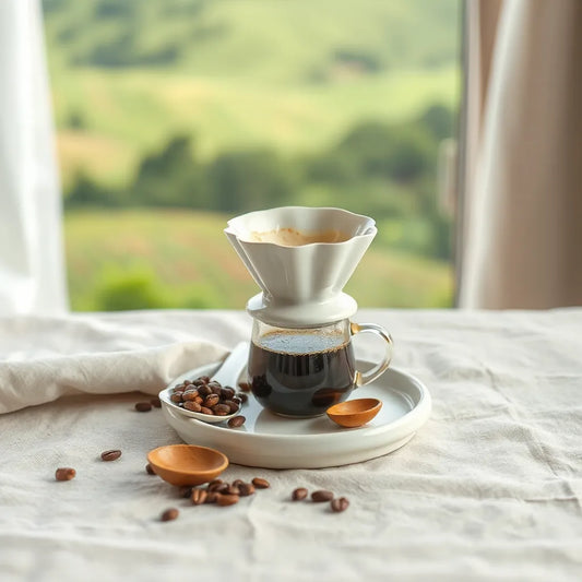 Pour-over single origin coffee beside tasting spoon and whole beans with a soft coffee farm background blur