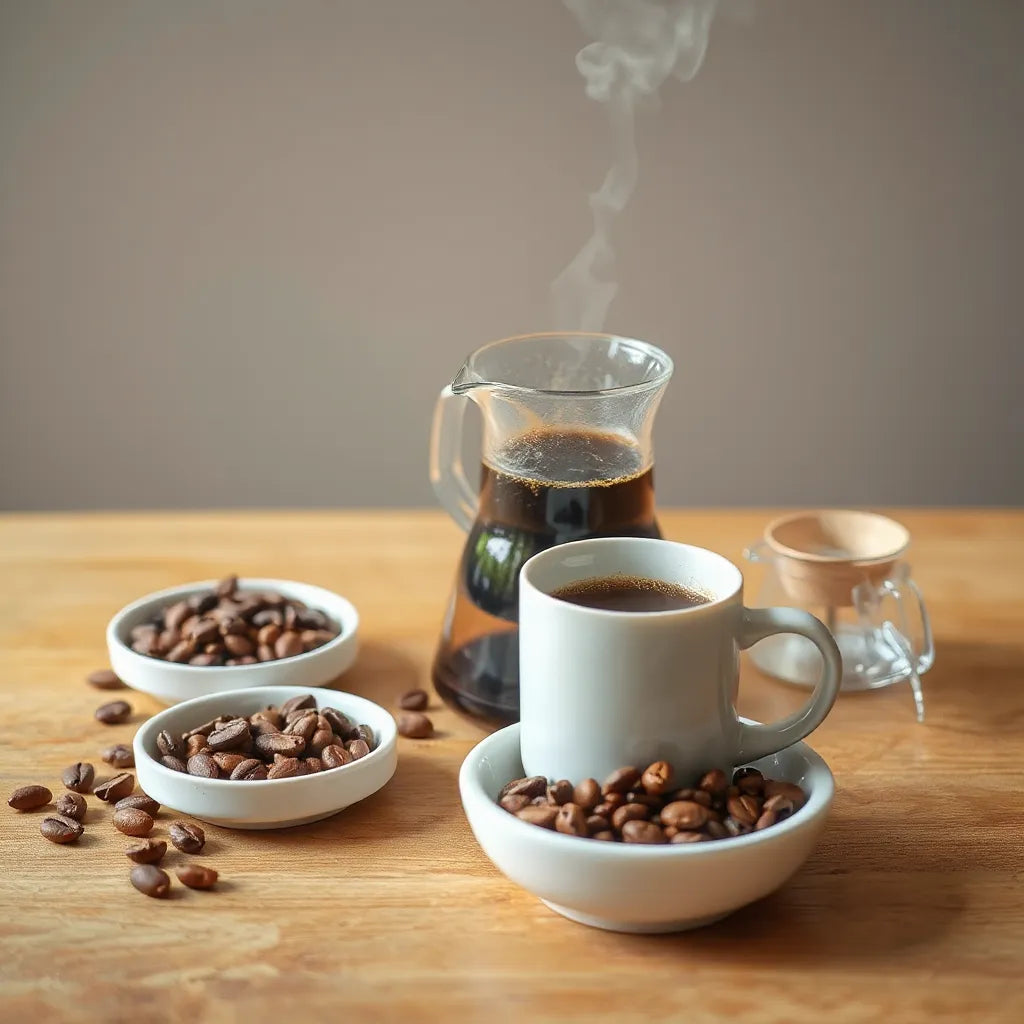 Warm mug of medium roast coffee with beans and simple dripper on a wooden surface