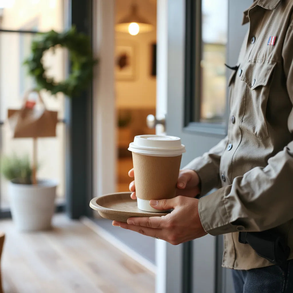 Delivery handoff of a fresh-lidded coffee cup at a front door