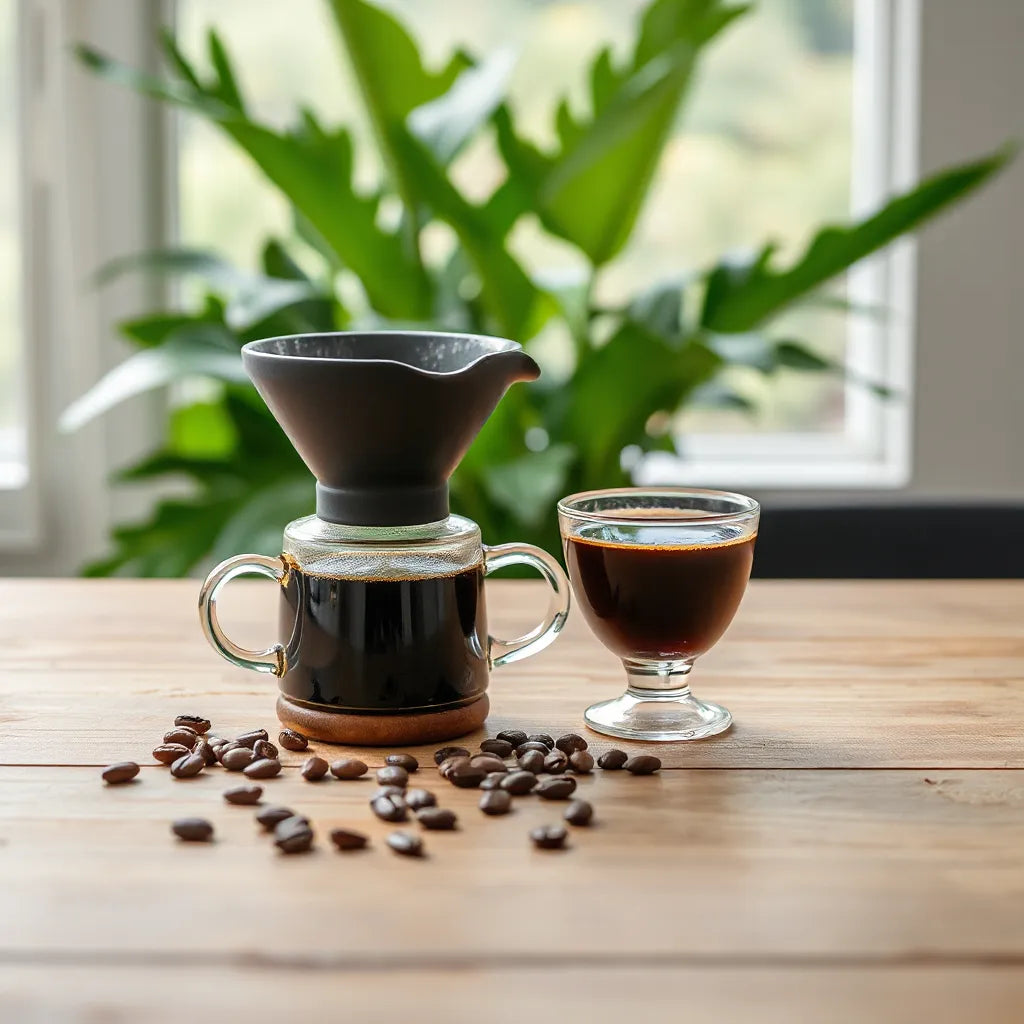 Fresh brewed medium roast coffee in a cup with scattered beans on a wooden table under warm natural light