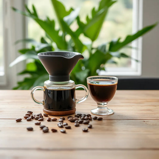 Fresh brewed medium roast coffee in a cup with scattered beans on a wooden table under warm natural light