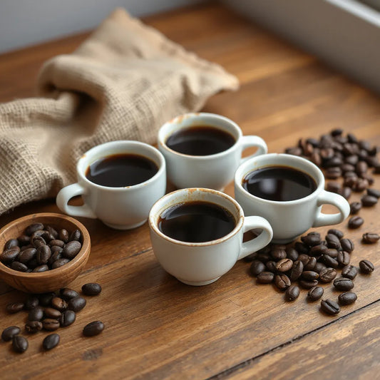 Three small cups of dark coffee with roasted beans on a wooden table