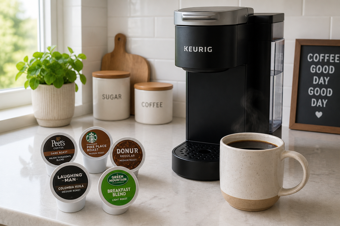 Single-serve coffee machine with several coffee pods and a mug of brewed coffee on a kitchen counter.
