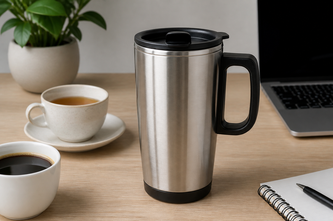 Stainless steel travel mug with a handle beside coffee and tea on a desk.