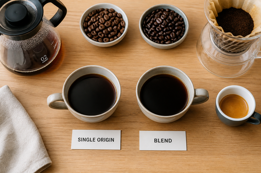 Two cups of brewed coffee labeled single origin and blend beside coffee beans and brewing tools on a wooden table.