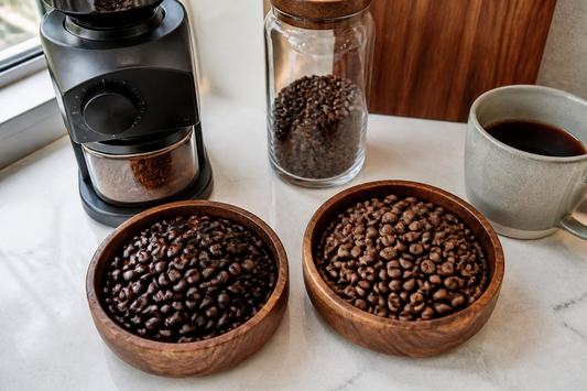 Two bowls of whole coffee beans labeled fresh roasted and store-bought beside a grinder and a brewed cup of coffee