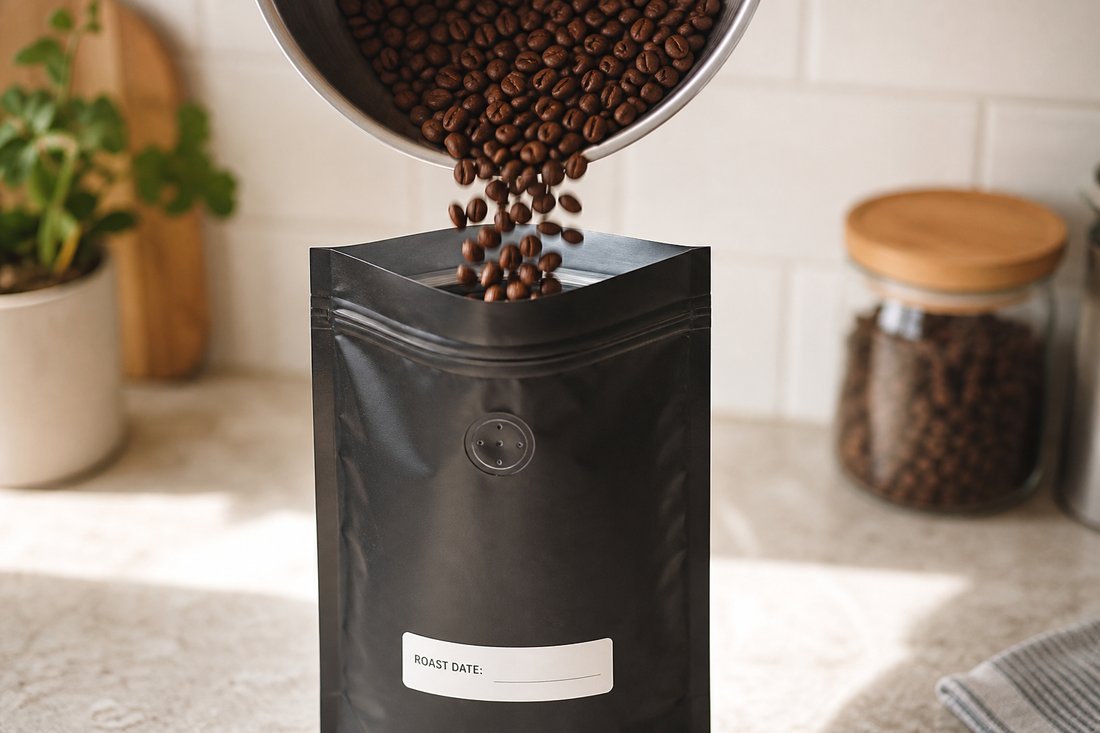 Fresh roasted coffee beans being packed into a sealed bag on a kitchen counter.