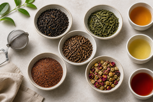 Several types of loose leaf tea in small bowls with an infuser and tasting cups