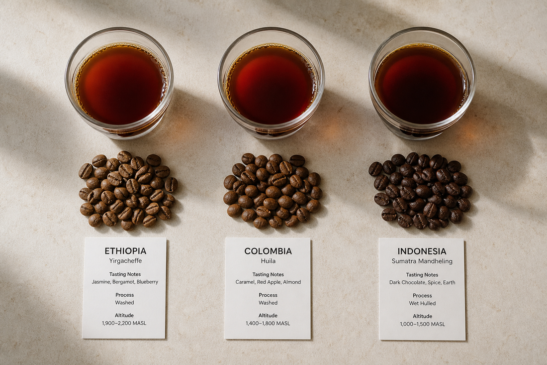 Three cups of brewed coffee beside labeled beans from different coffee origins on a table.