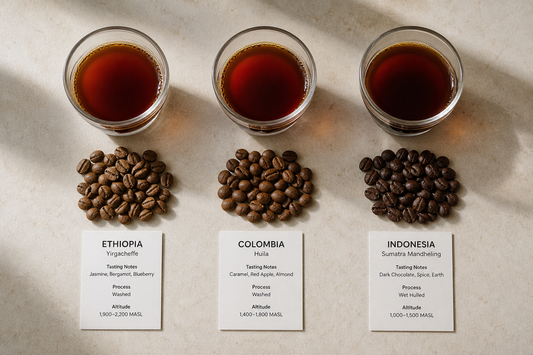 Three cups of brewed coffee beside labeled beans from different coffee origins on a table.
