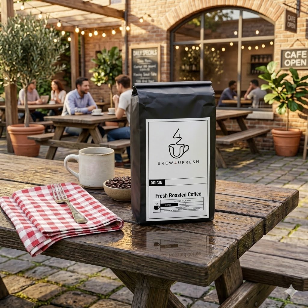 Black bag of Pumpkin Spice Medium Roast Coffee alongside a rustic wooden table set with a cup and a checkered napkin.
