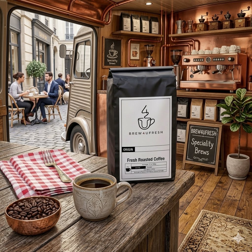 Black coffee bag featuring the Brew4UFresh logo, labeled Asian Plateau Blend, medium roast, whole bean.