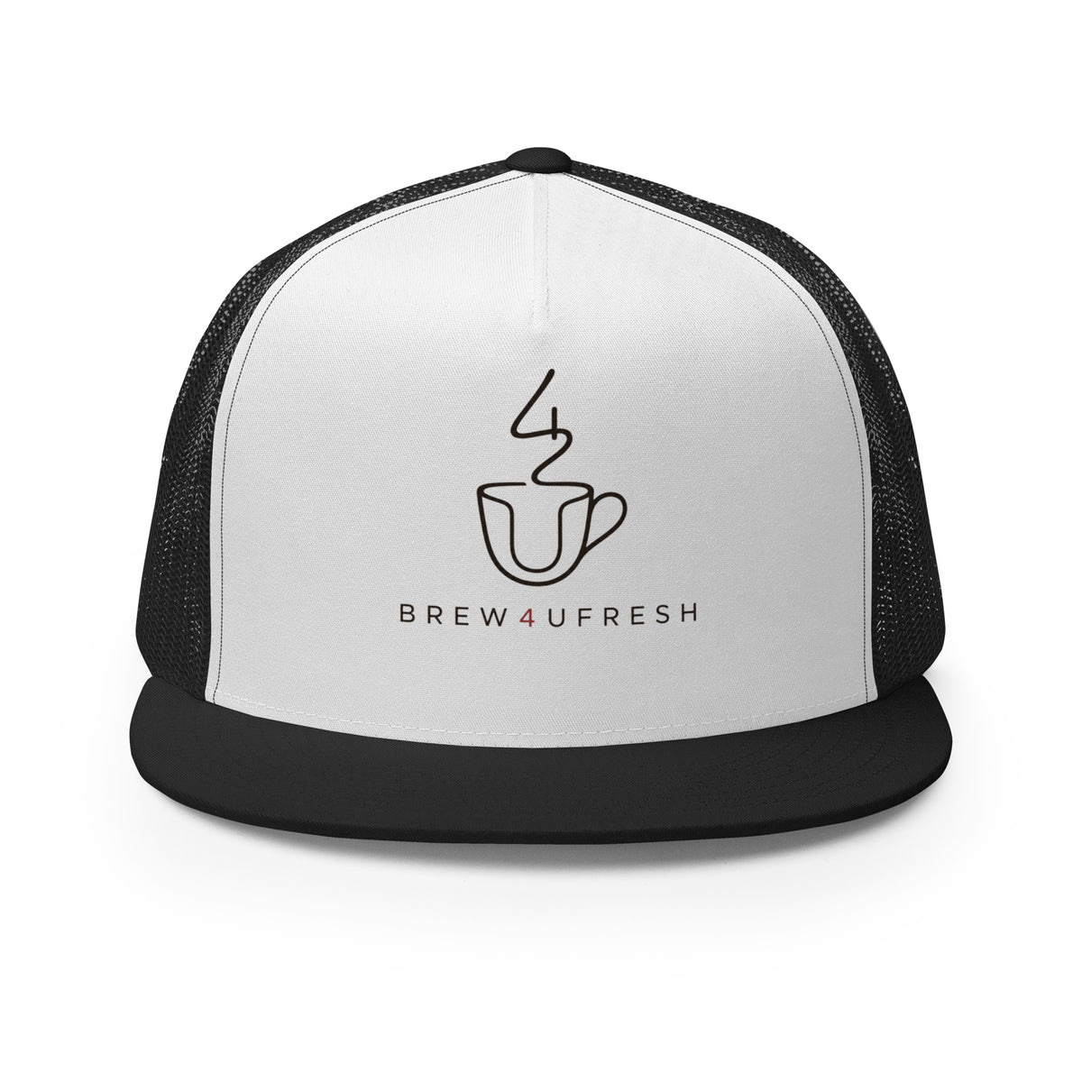 Structured five-panel trucker cap featuring a black bill and white front with a coffee cup logo and BREW4UFRESH text.