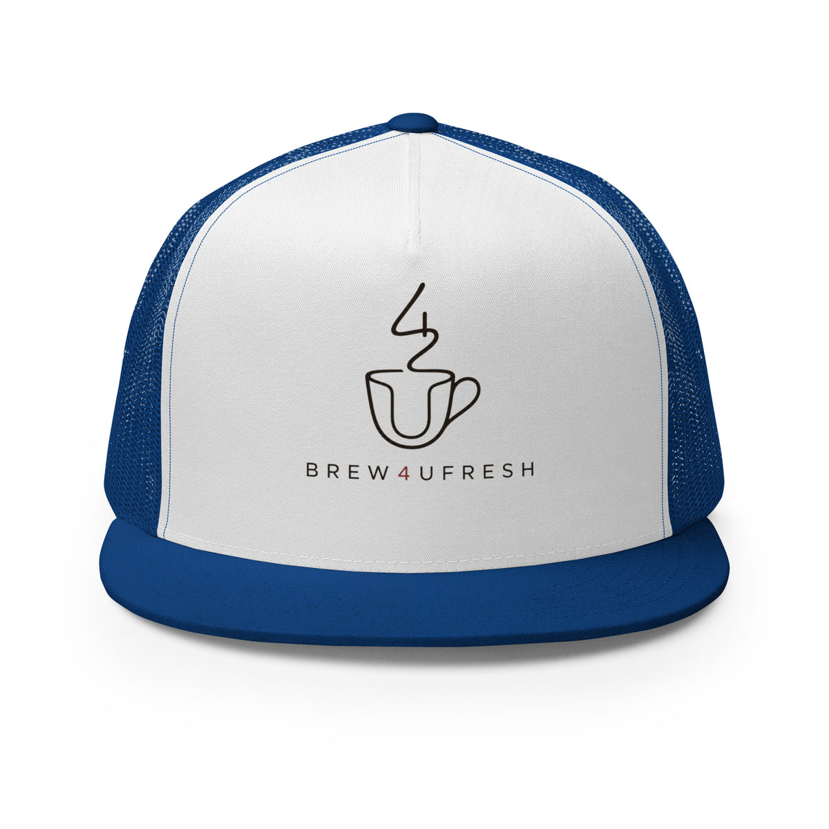 Structured five-panel trucker cap featuring a white front with a blue mesh back, flat bill, and adjustable snapback closure.
