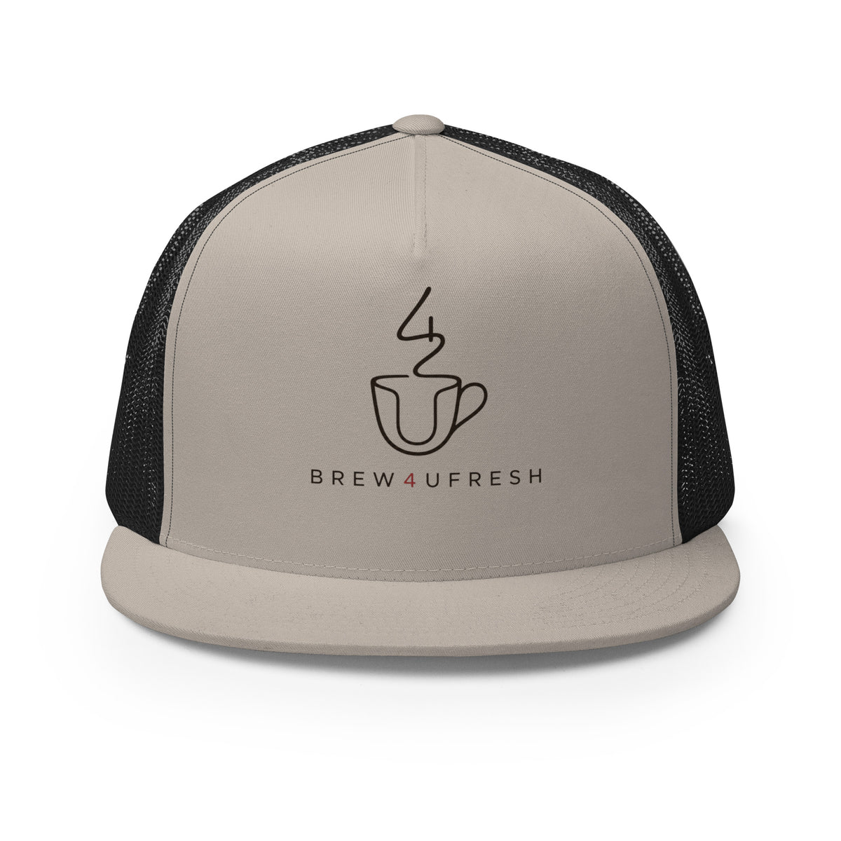 Structured five-panel trucker cap in beige with black mesh sides, featuring a logo design and flat bill.