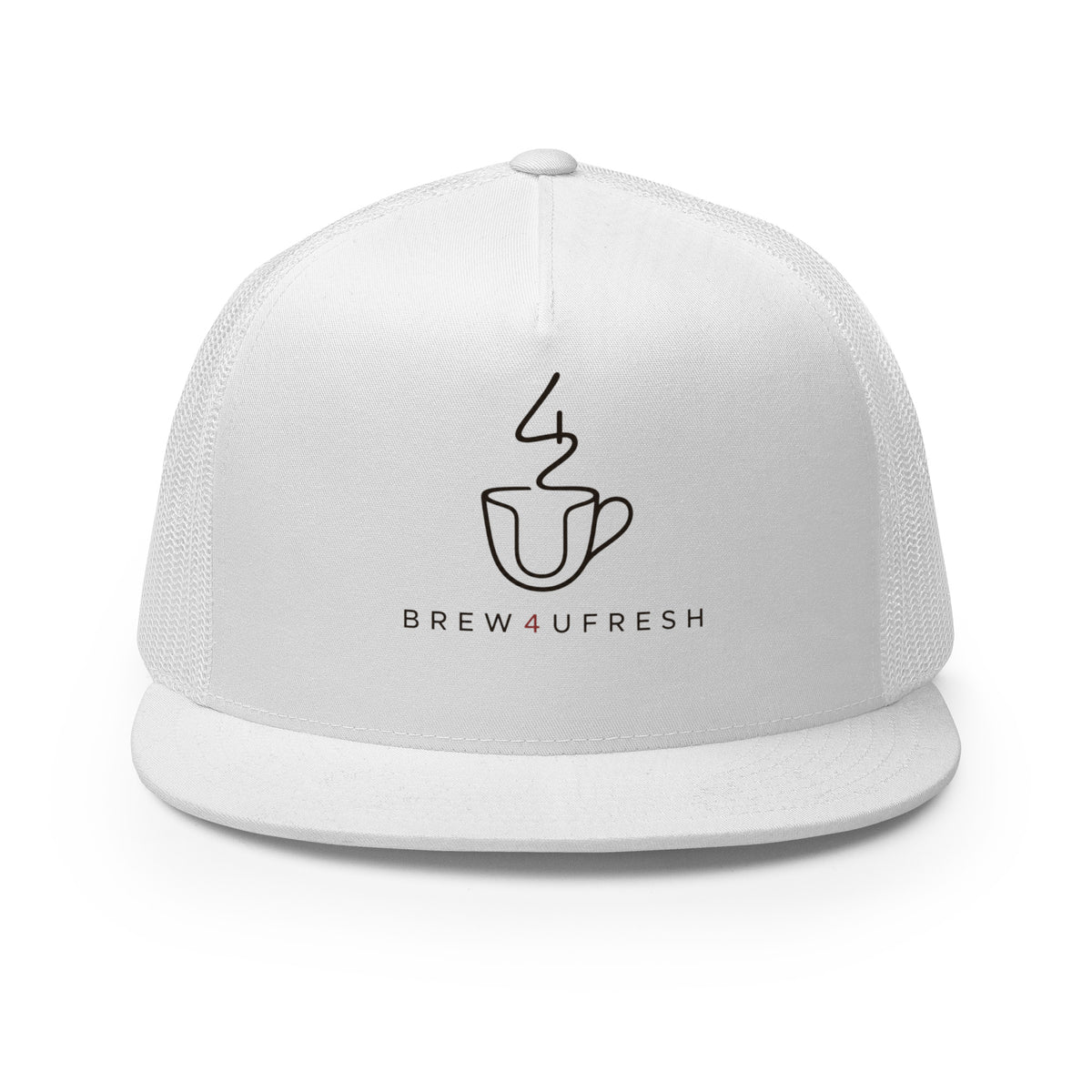 Structured five-panel trucker cap in white with a flat bill, featuring a minimalist coffee design and snapback closure.