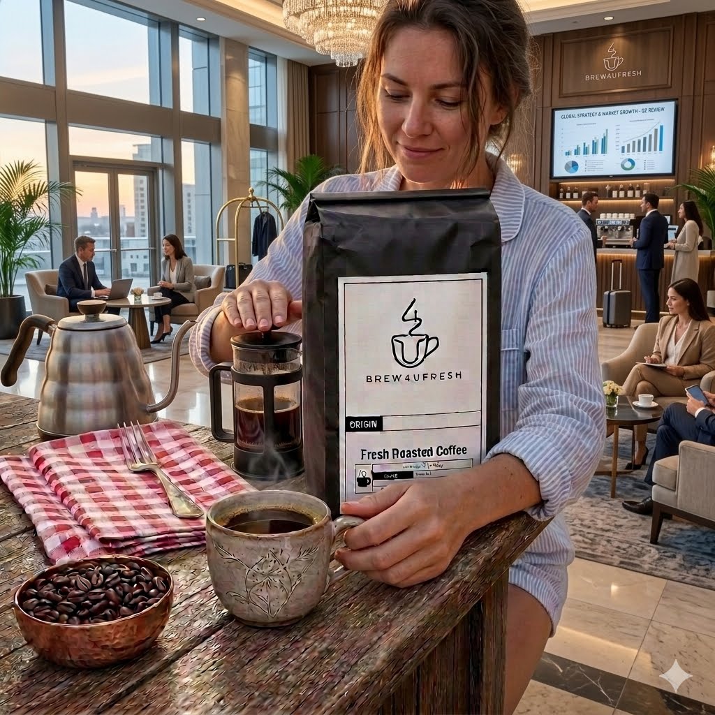 Fresh roasted coffee in a bag, with a woman pouring into a steaming cup in a stylish, modern setting.