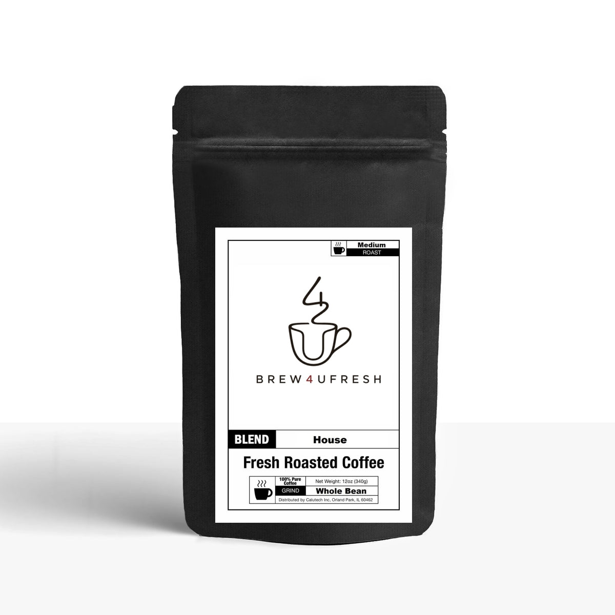 Black bag of Brew4UFresh House Blend coffee featuring a white label with the brand logo, medium roast info, and whole bean details.