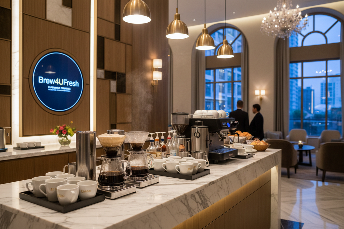 A stylish coffee bar displaying Brew4UFresh products with brewing equipment, glass containers, and white coffee cups.