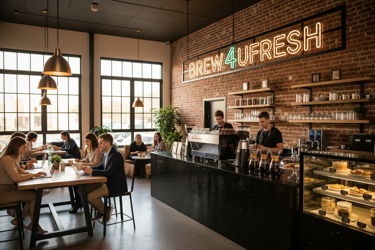 Cozy café scene with patrons enjoying coffee at wooden tables, showcasing the Brew4UFresh brand's inviting atmosphere.