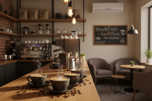 Black packaging of Asian Plateau Blend Medium Roast coffee with white label displaying the brand name and details.
