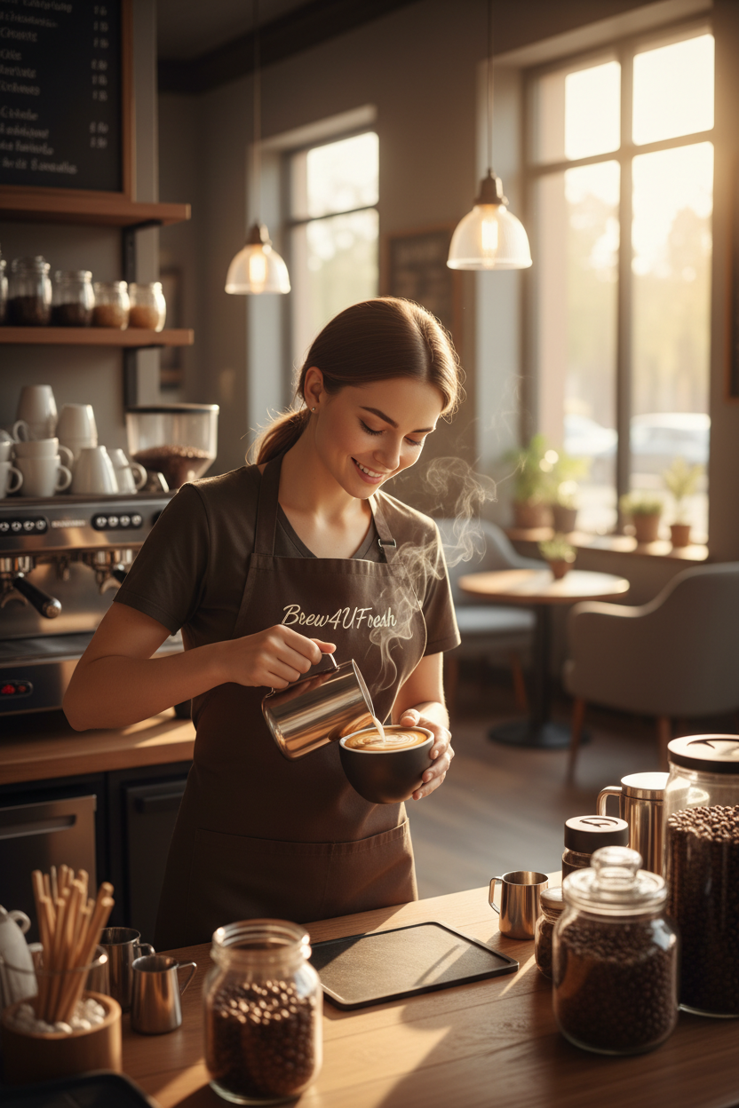 A woman in a brown apron pours steamed milk into a black bowl, creating latte art. The scene is cozy, with coffee jars visible.