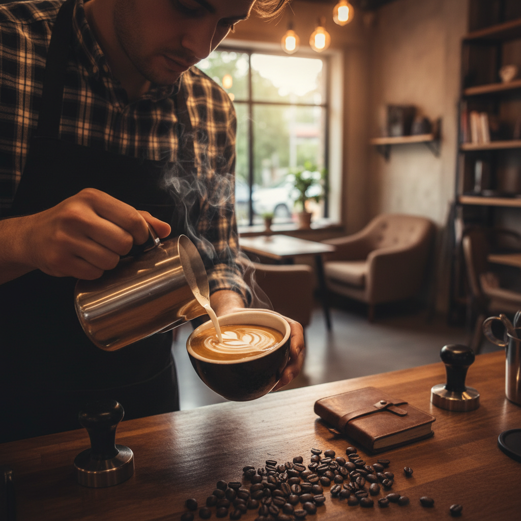 A barista wearing a plaid shirt pours steamed milk into a dark bowl, creating latte art, surrounded by coffee beans.