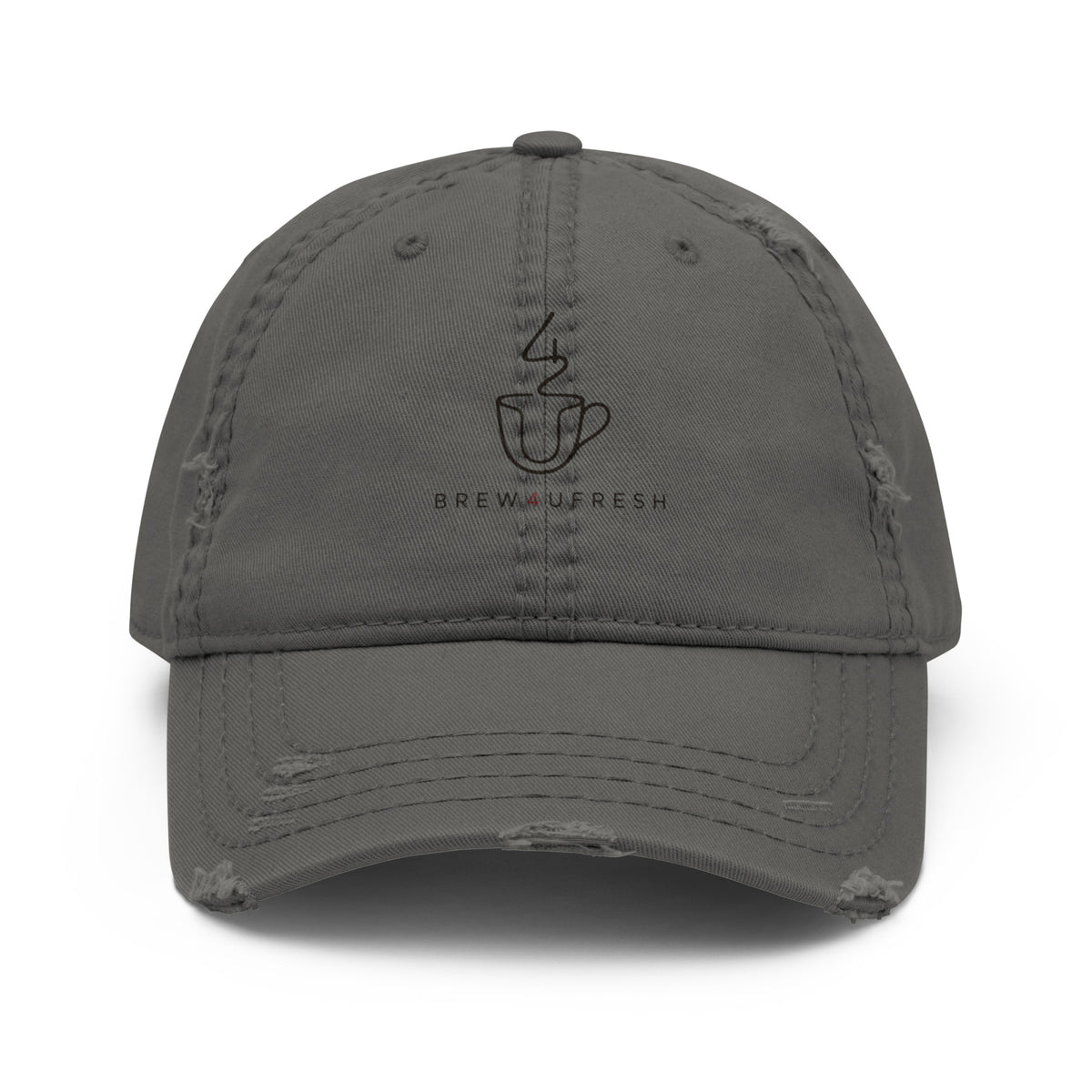 Gray distressed cap featuring a coffee cup logo and BREW4UFRESH text underneath.