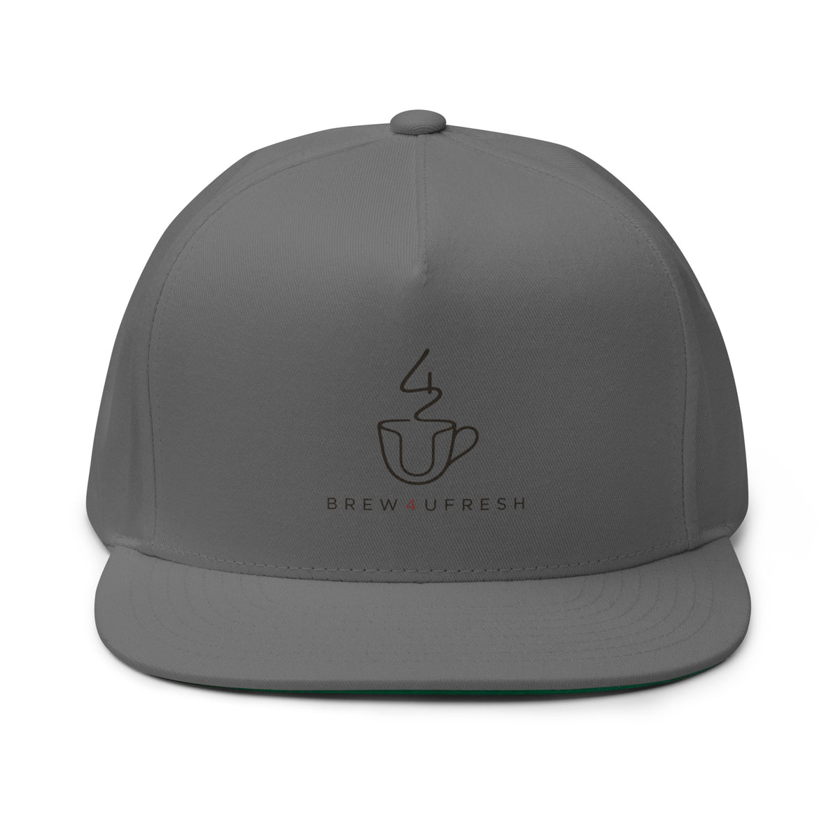 Gray snapback cap featuring a Brew4UFresh logo with a coffee cup and steam design.