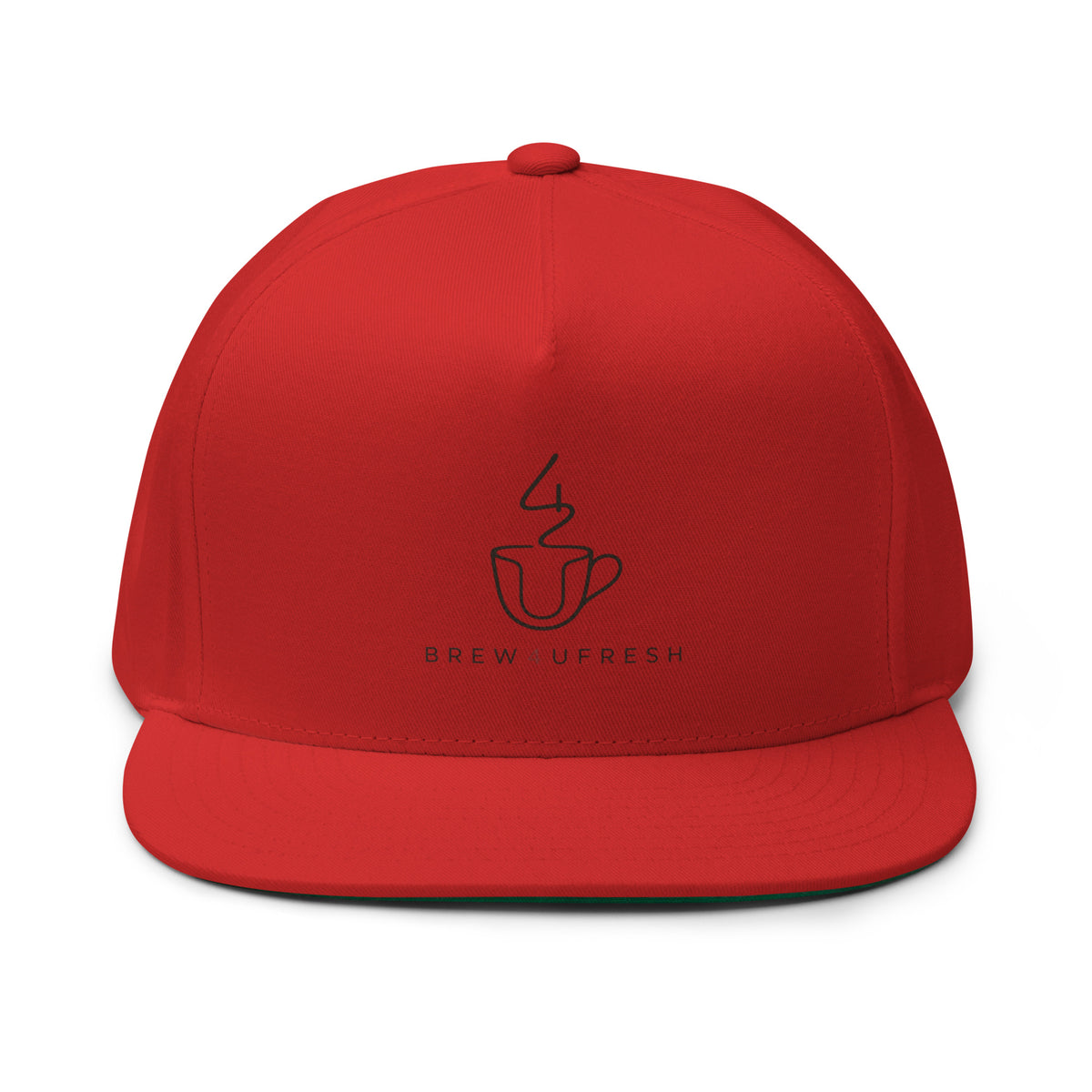 Red snapback hat featuring a minimalist design of a coffee cup and the text BREW U FRESH.
