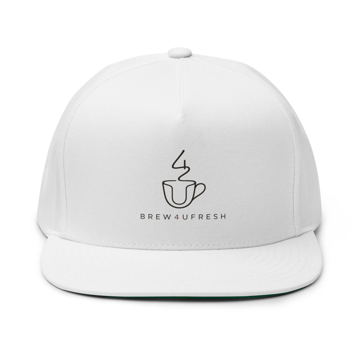 White flat-brimmed cap featuring a minimalist coffee cup logo and BREW4UFRESH text on the front.