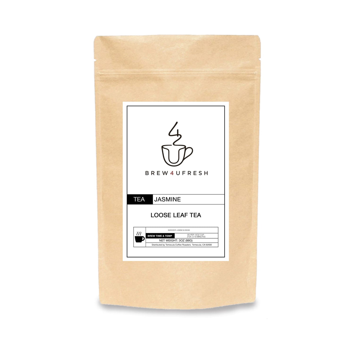 Brown kraft paper bag labeled "Jasmine Loose Leaf Tea" with black and white graphics and text from Brew4UFresh.