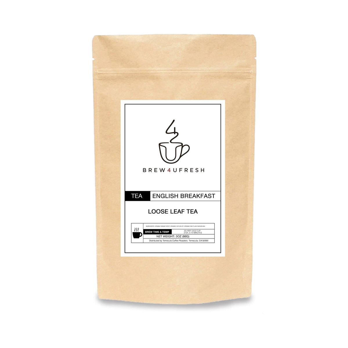 Brown kraft packaging featuring the label for English Breakfast loose leaf tea by Brew4UFresh, with a simple design.