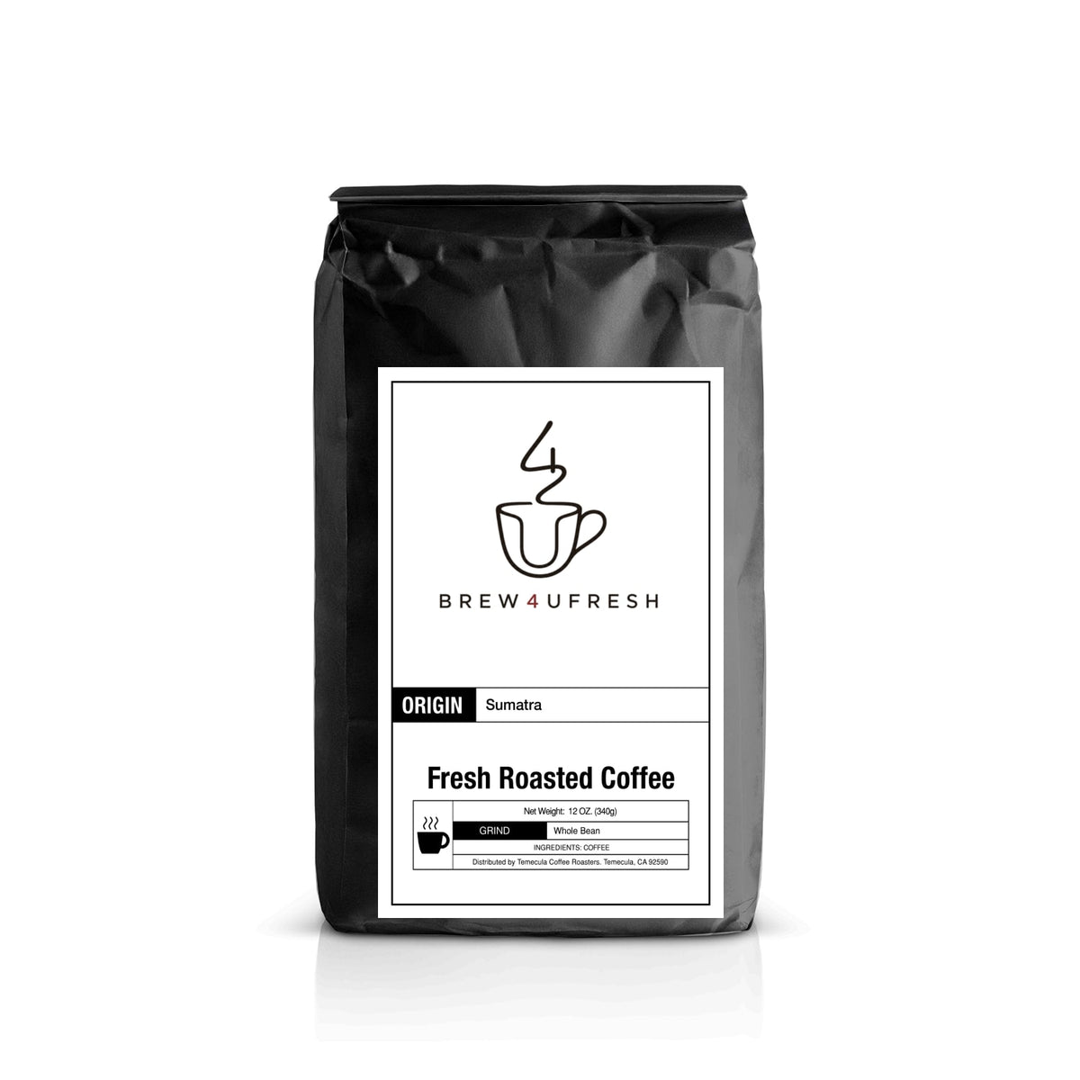 Black bag of Brew4UFresh Sumatra coffee featuring a white label with product details and a coffee cup graphic.