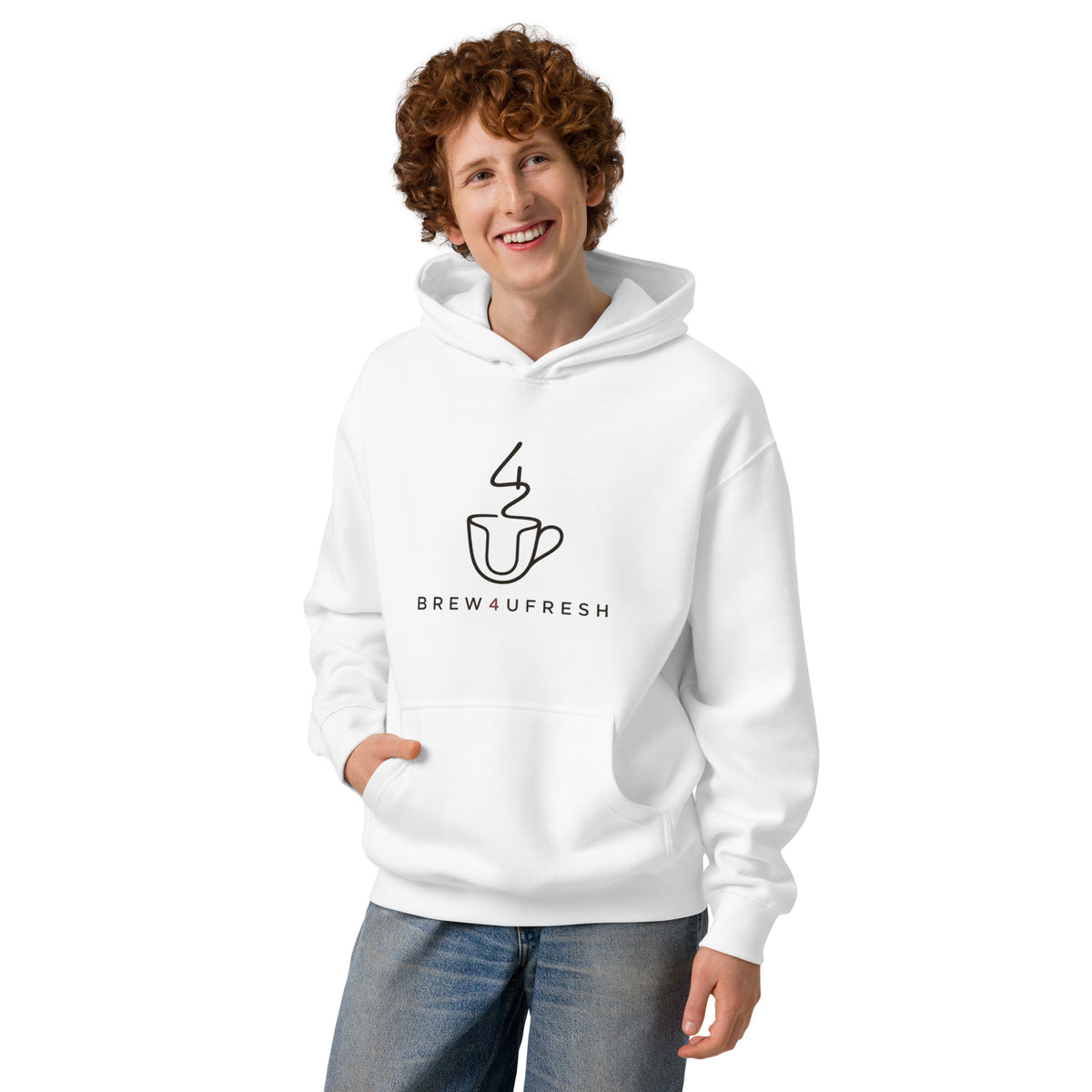 Men's white box hoodie featuring a coffee cup graphic and BREW4UFRESH text, relaxed fit with a double-layered hood.