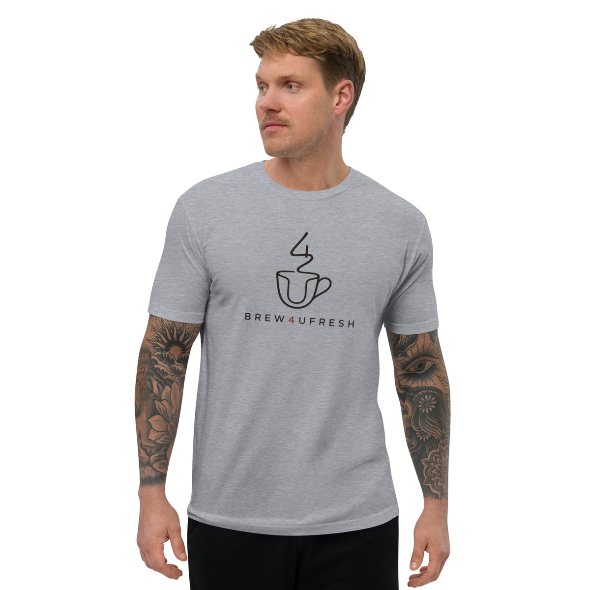 Heather grey short sleeve tee made of soft cotton featuring the Brew4UFresh logo on the front, worn casually.