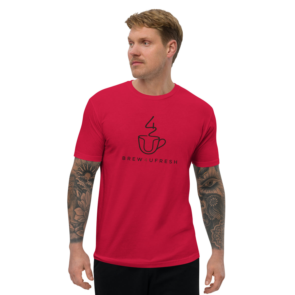 Red cotton short sleeve tee featuring a black coffee cup graphic with steam, worn by a tattooed male model.