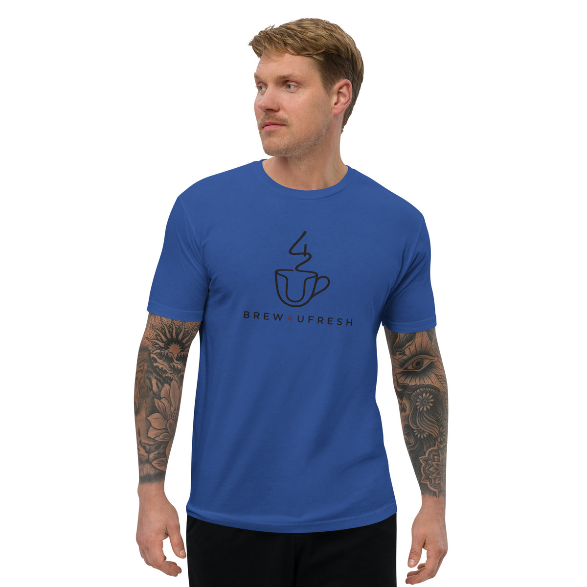 Cotton short sleeve tee in vibrant blue, featuring a graphic of a coffee cup with steam. Form-fitting style.