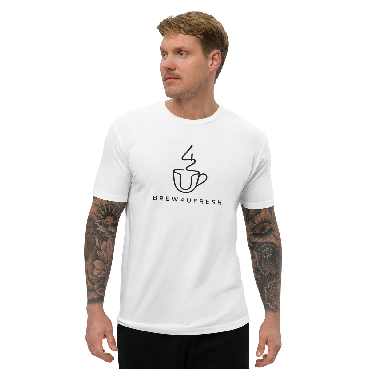 White cotton short sleeve tee featuring a black line drawing of a coffee cup with BREW4UFRESH text, worn by a model.
