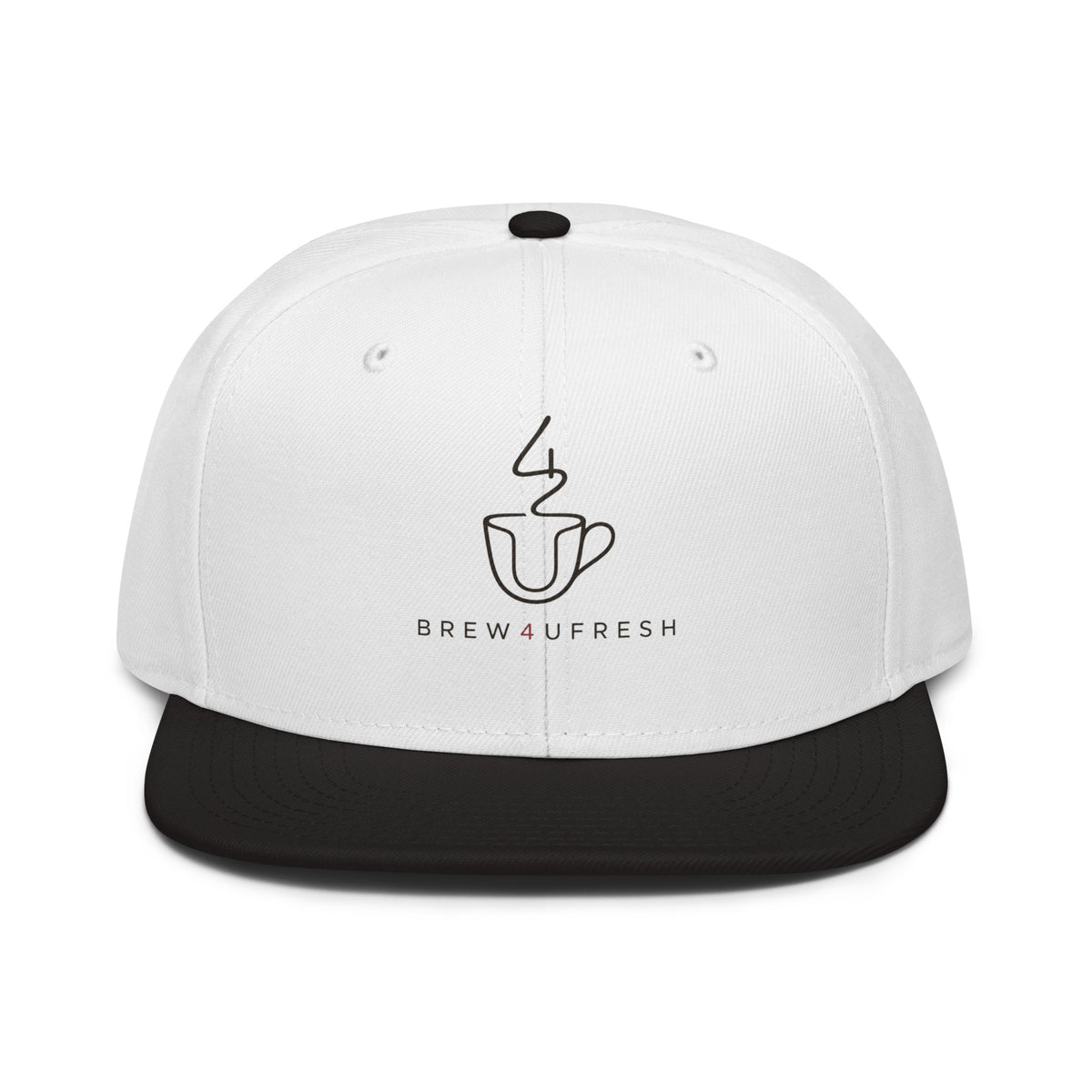 A white cap with a black brim, featuring a simple coffee cup logo and BREW 4UFRESH text in black and red.